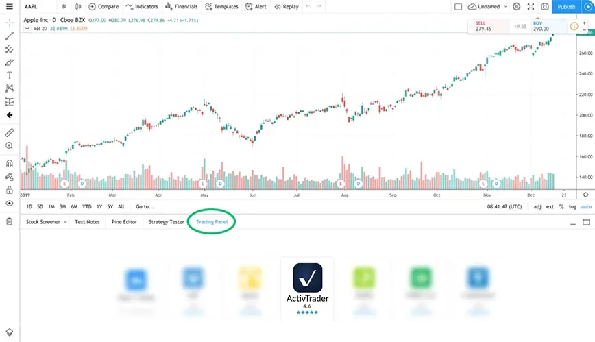 Đăng nhập vào TradingView. Trong "chế độ xem biểu đồ đầy đủ", nhấn tab "Bảng giao dịch" ở cuối trang. Chọn "ActivTrades" từ danh sách.